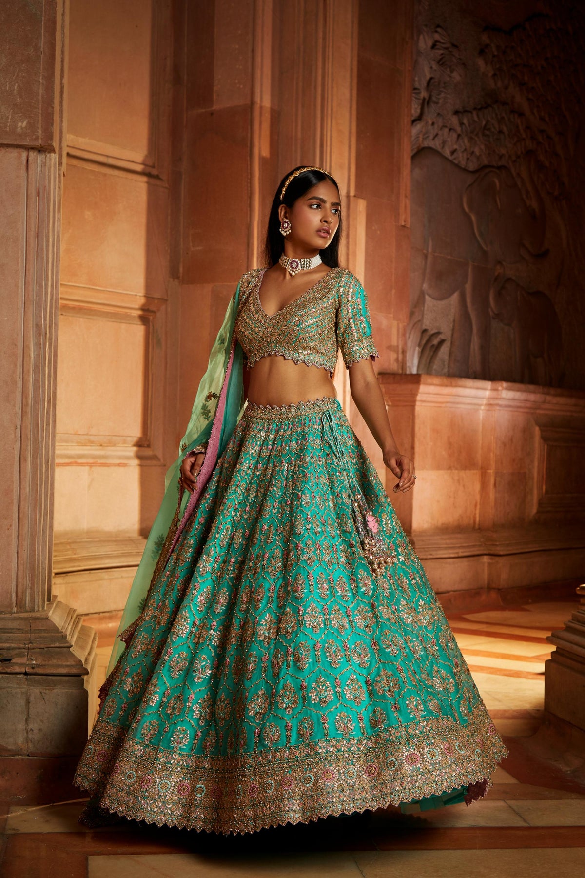 Teal Green Organza Lehenga Choli Dupatta Set