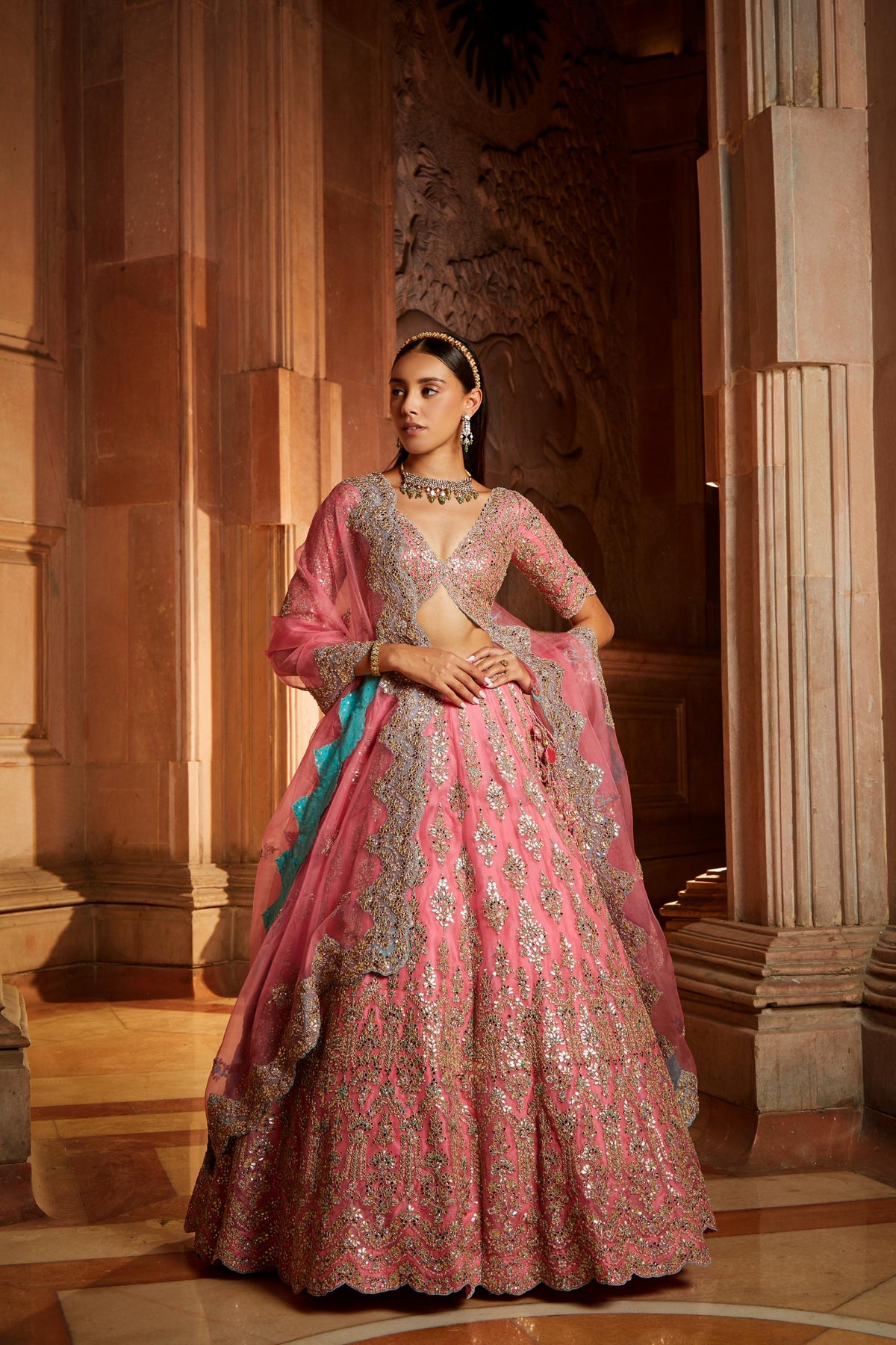 Rose Pink Organza Lehenga Choli Dupatta Set