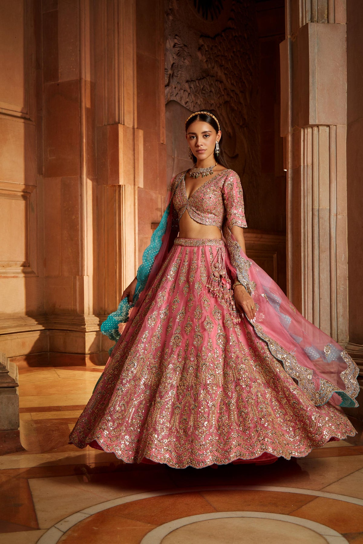 Rose Pink Organza Lehenga Choli Dupatta Set