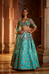 Vibrant Aqua Tafetta Lehenga Choli with Tulle Dupatta