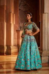 Vibrant Aqua Tafetta Lehenga Choli with Tulle Dupatta