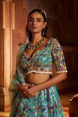 Vibrant Aqua Tafetta Lehenga Choli with Tulle Dupatta