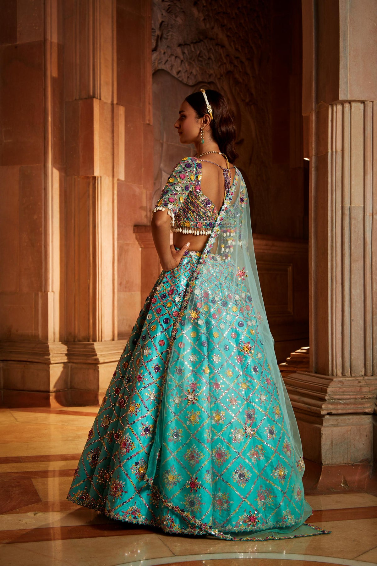 Vibrant Aqua Tafetta Lehenga Choli with Tulle Dupatta
