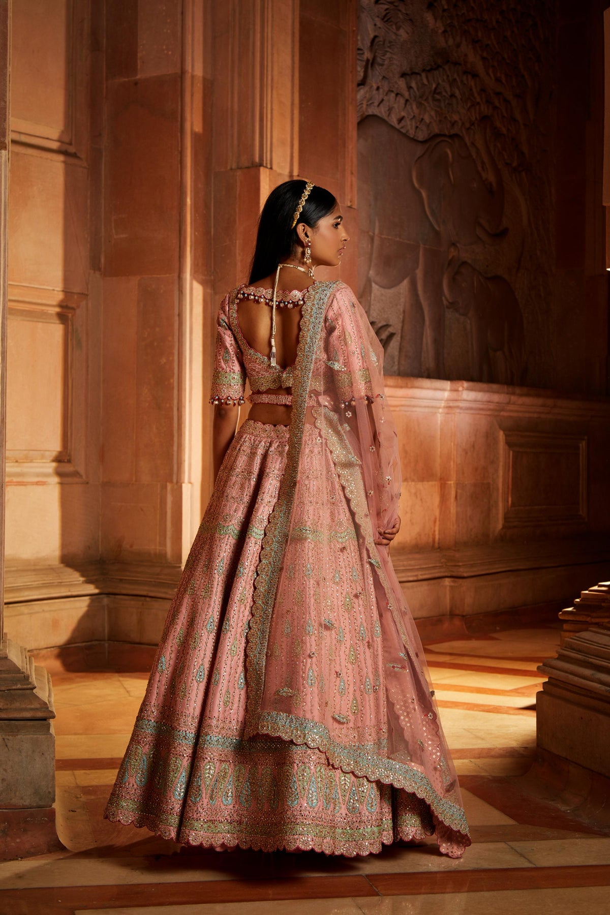Peach Tafetta Lehenga Choli with a Worked Belt and Tulle Dupatta
