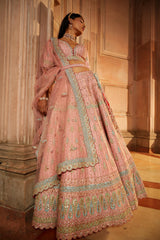 Peach Tafetta Lehenga Choli with a Worked Belt and Tulle Dupatta