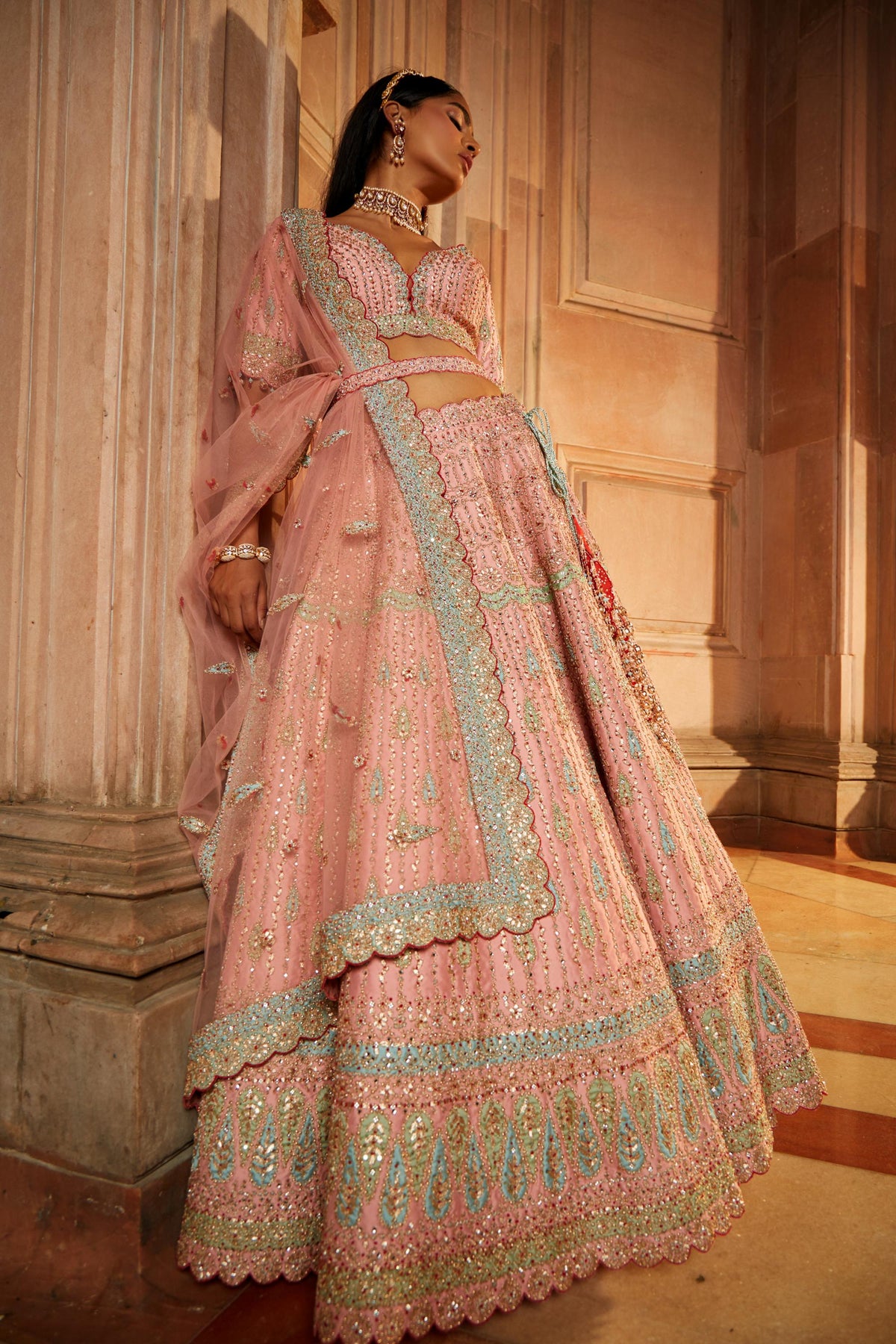Peach Tafetta Lehenga Choli with a Worked Belt and Tulle Dupatta