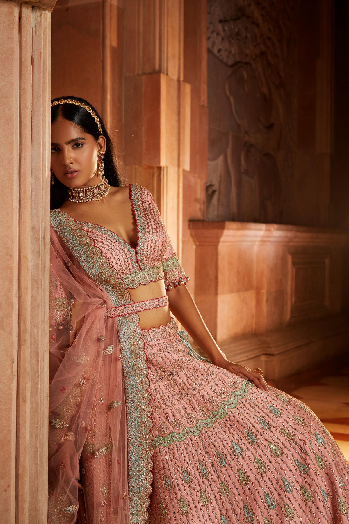 Peach Tafetta Lehenga Choli with a Worked Belt and Tulle Dupatta