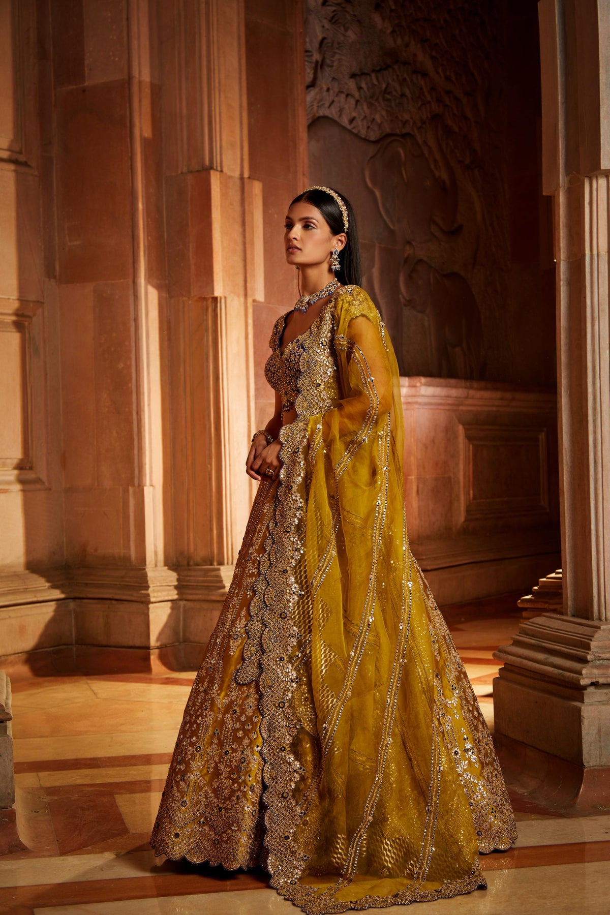 Mustard Tafetta Lehenga Purple Choli Organza Set