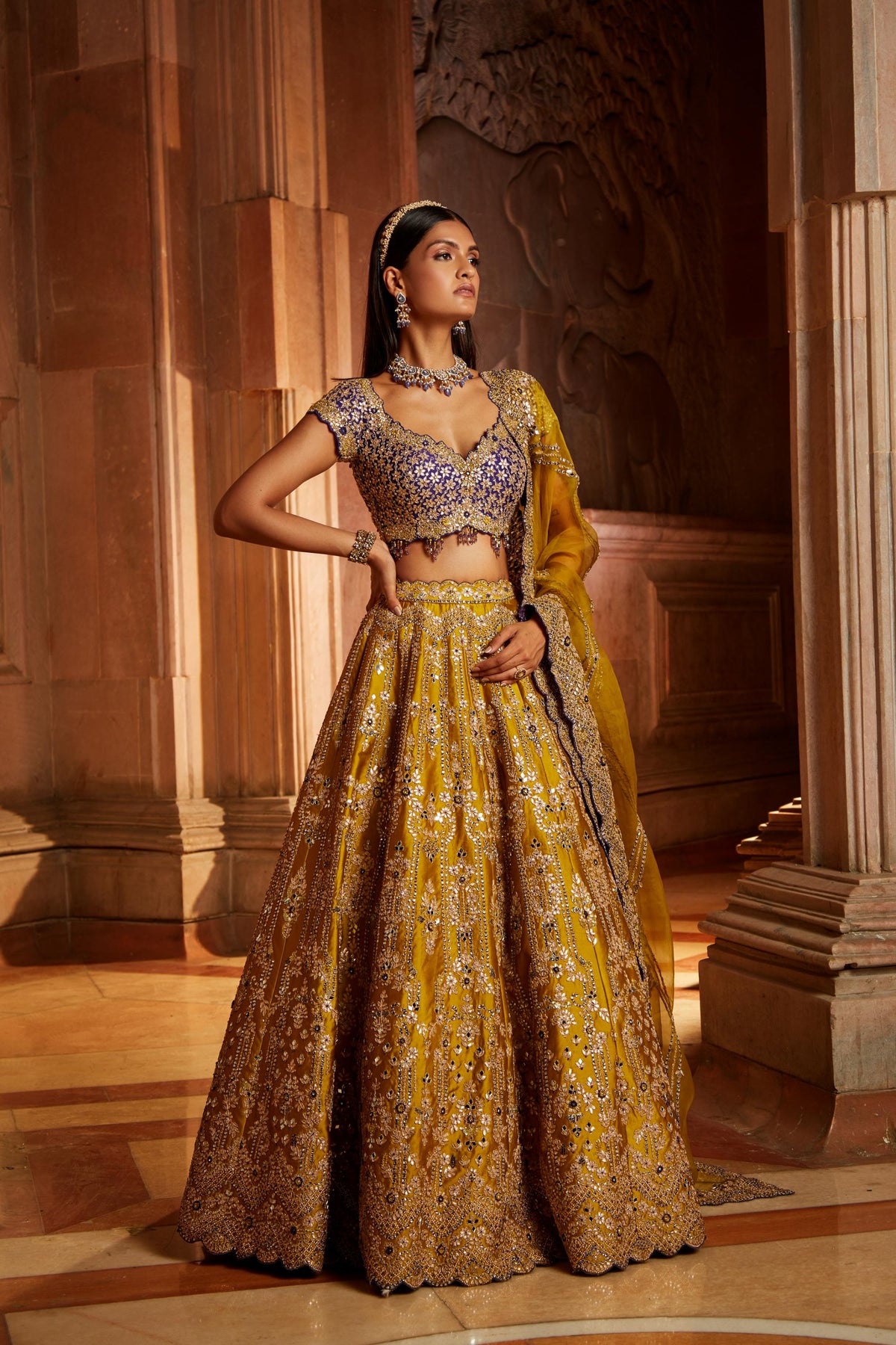 Mustard Tafetta Lehenga Purple Choli Organza Set