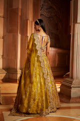 Mustard Tafetta Lehenga Purple Choli Organza Set
