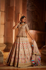 Blush Pink Raw Silk Lehenga with a Peplum Top and Tulle Dupatta
