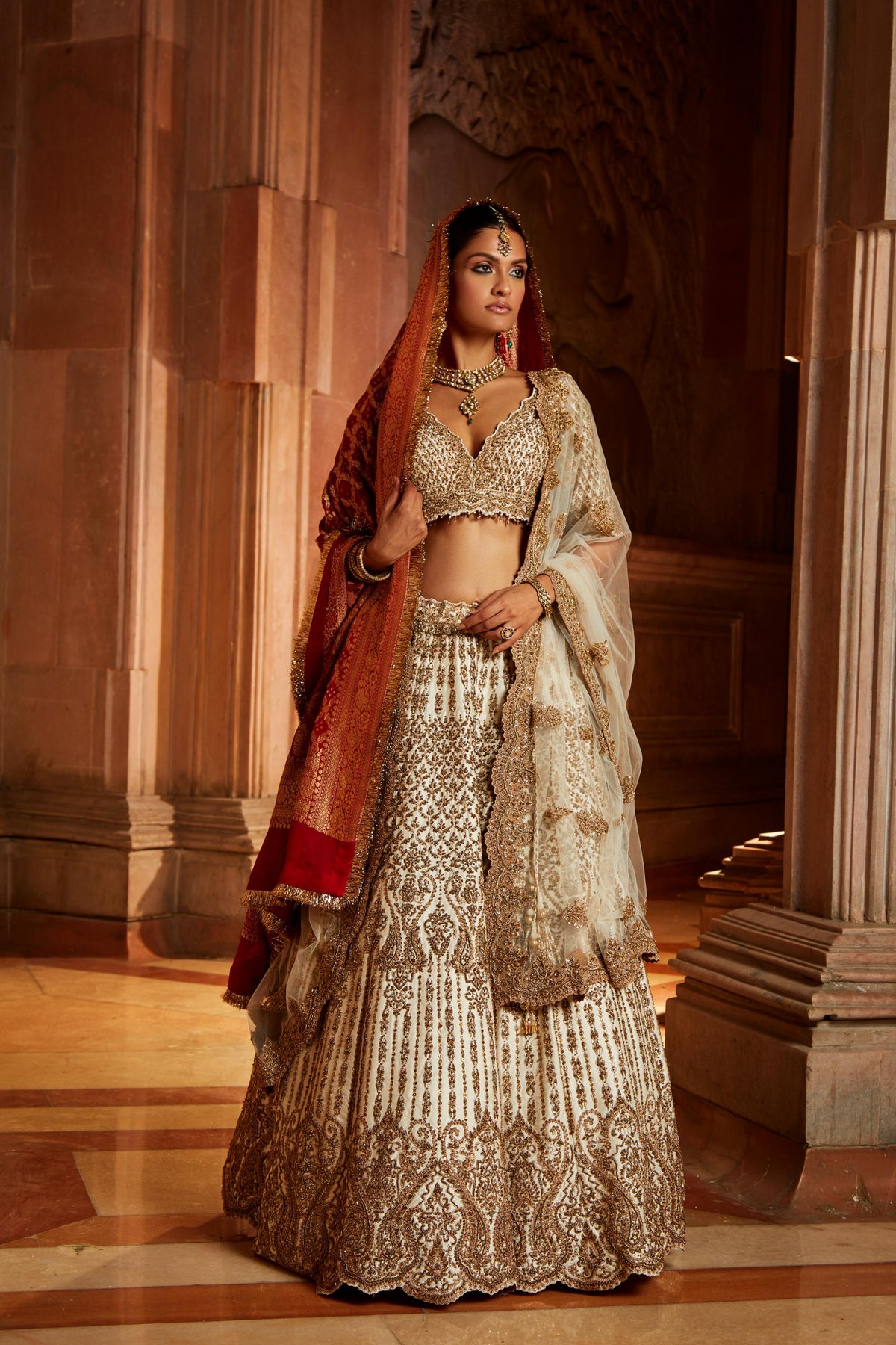 Ivory Tafetta Lehenga Choli Set with a Tulle Dupatta and Optional Bandhej Second Dupatta