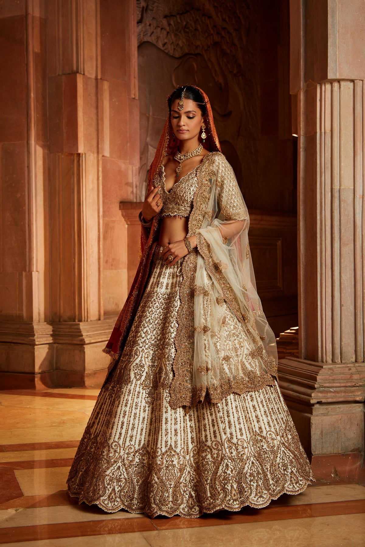 Ivory Tafetta Lehenga Choli Set with a Tulle Dupatta and Optional Bandhej Second Dupatta