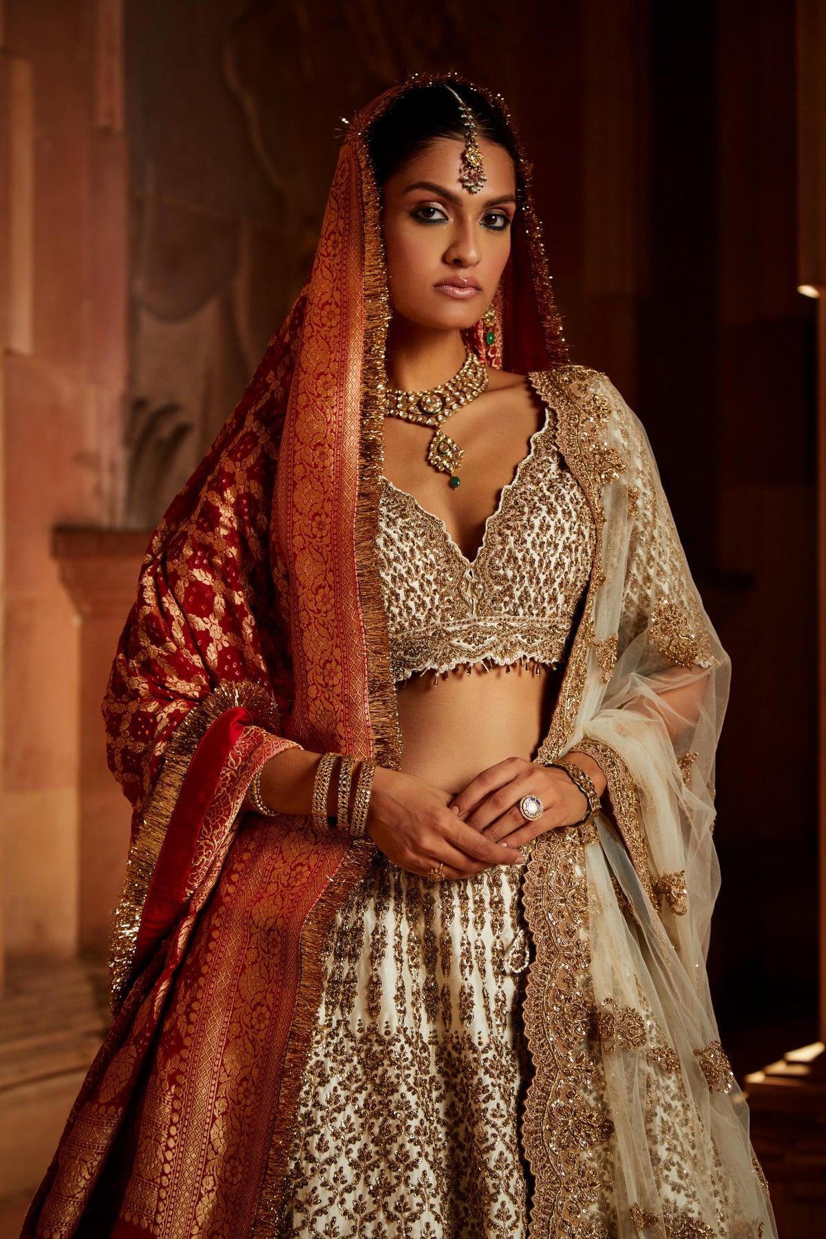 Ivory Tafetta Lehenga Choli Set with a Tulle Dupatta and Optional Bandhej Second Dupatta