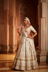 Ivory Tafetta Lehenga Choli Set with Two Tulle Dupattas