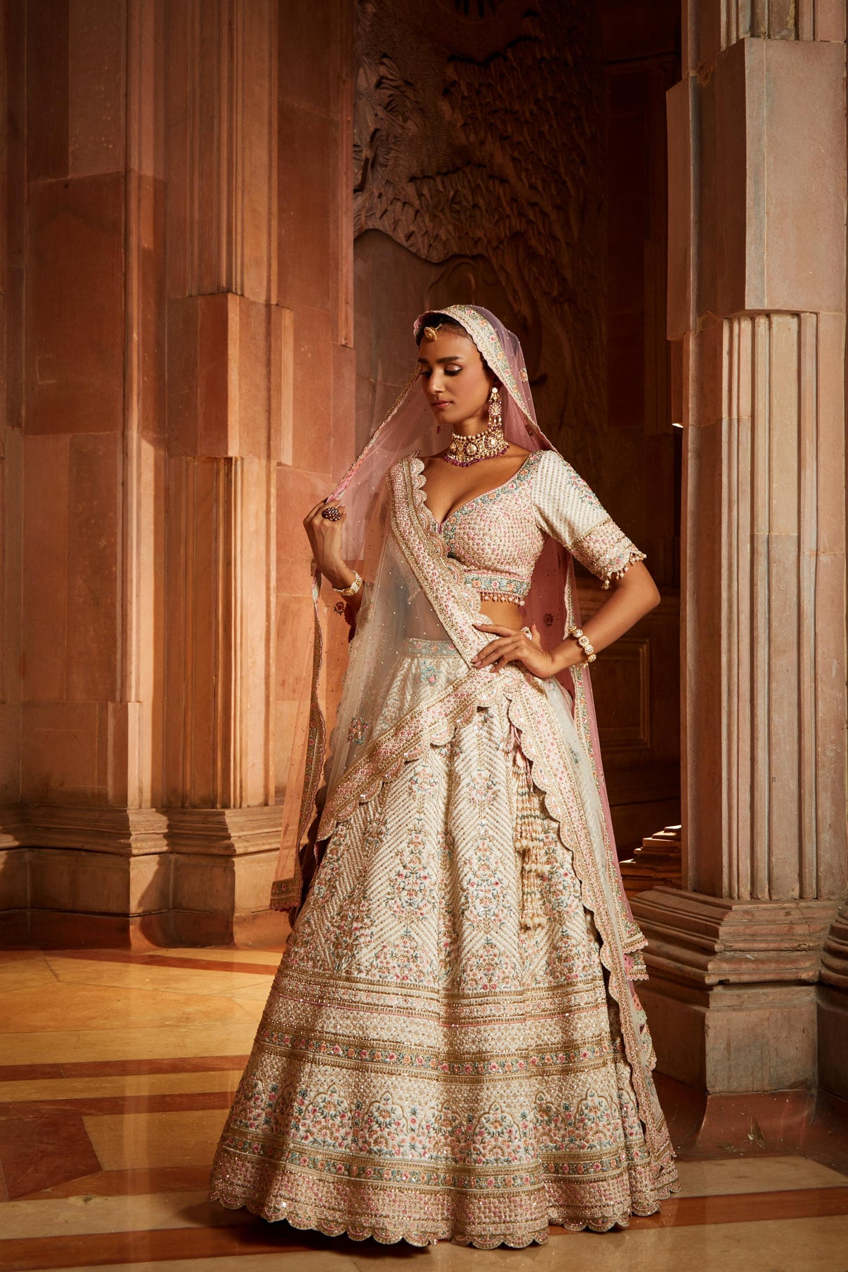 Ivory Tafetta Lehenga Choli Set with Two Tulle Dupattas