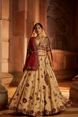 Gold Tissue Lehenga Choli and Belt with contrasting Red Tulle Dupatta and Optional Gold Tissue Second Dupatta