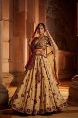 Gold Tissue Lehenga Choli and Belt with contrasting Red Tulle Dupatta and Optional Gold Tissue Second Dupatta