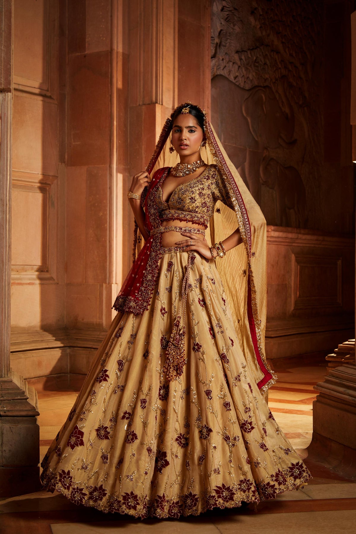 Gold Tissue Lehenga Choli and Belt with contrasting Red Tulle Dupatta and Optional Gold Tissue Second Dupatta
