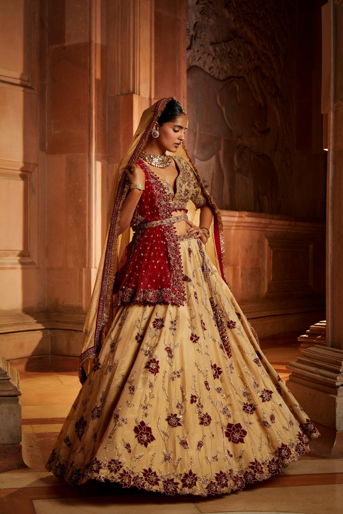 Gold Tissue Lehenga Choli and Belt with contrasting Red Tulle Dupatta and Optional Gold Tissue Second Dupatta