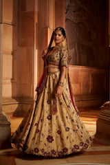 Gold Tissue Lehenga Choli and Belt with contrasting Red Tulle Dupatta and Optional Gold Tissue Second Dupatta