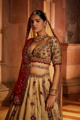 Gold Tissue Lehenga Choli and Belt with contrasting Red Tulle Dupatta and Optional Gold Tissue Second Dupatta