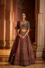 Wine Tafetta Lehenga and Belt with Navy Choli and Wine Tissue Dupatta