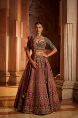 Wine Tafetta Lehenga and Belt with Navy Choli and Wine Tissue Dupatta