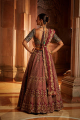 Wine Tafetta Lehenga and Belt with Navy Choli and Wine Tissue Dupatta