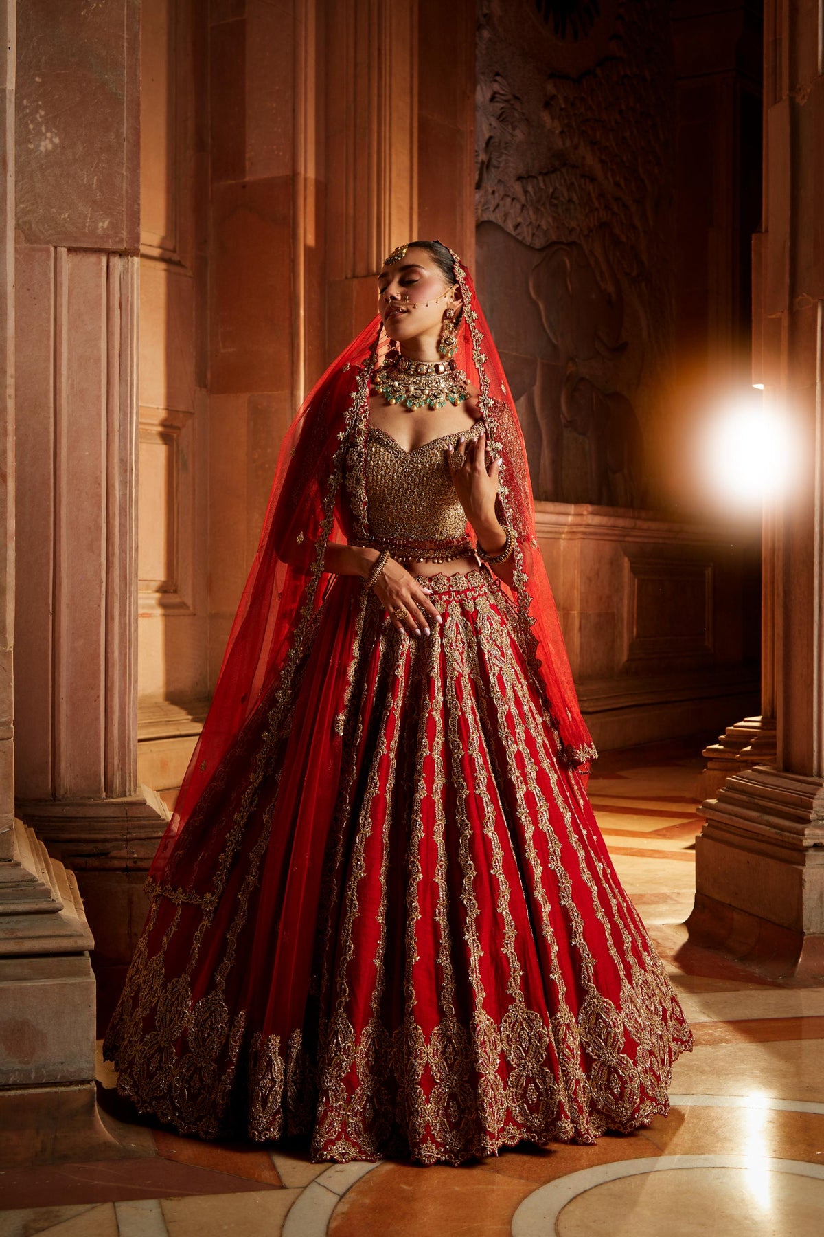 Deep Red Raw Silk Lehenga with Gold Choli and Tulle Dupatta