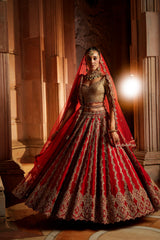 Deep Red Raw Silk Lehenga with Gold Choli and Tulle Dupatta