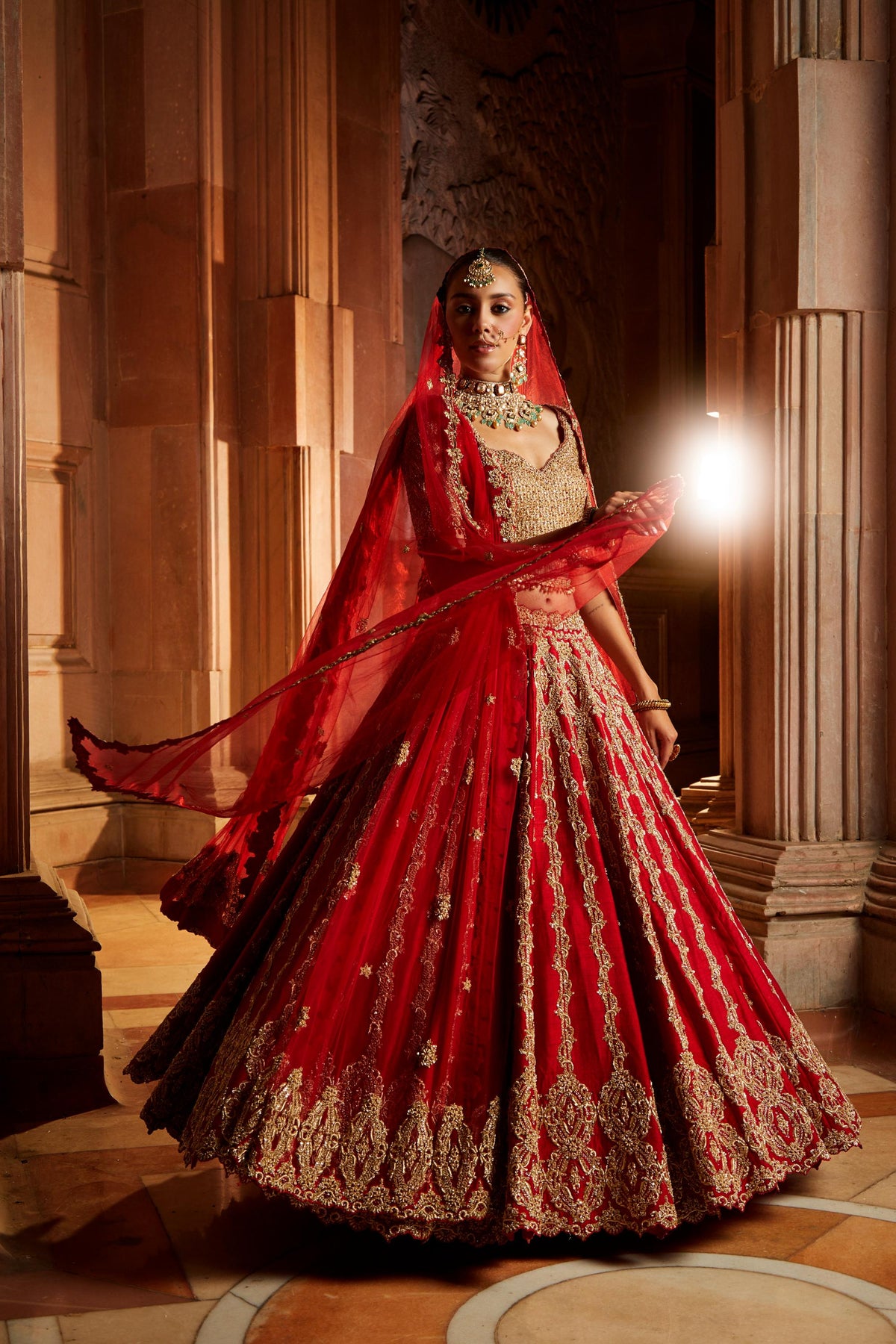Deep Red Raw Silk Lehenga with Gold Choli and Tulle Dupatta