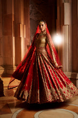 Deep Red Raw Silk Lehenga with Gold Choli and Tulle Dupatta