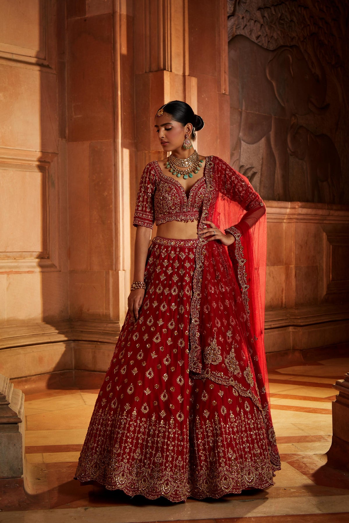 Blood Red Raw Silk Bridal Lehenga Choli Set with Tulle Dupatta