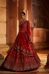 Blood Red Raw Silk Bridal Lehenga Choli Set with Tulle Dupatta