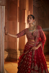 Blood Red Raw Silk Bridal Lehenga Choli Set with Tulle Dupatta