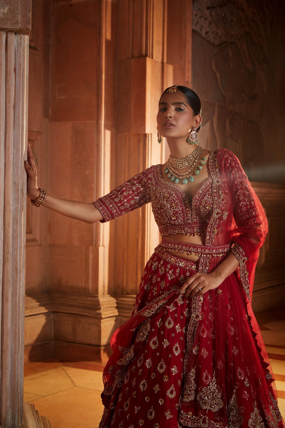 Blood Red Raw Silk Bridal Lehenga Choli Set with Tulle Dupatta