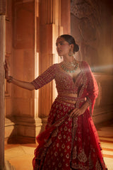 Blood Red Raw Silk Bridal Lehenga Choli Set with Tulle Dupatta