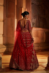 Blood Red Raw Silk Bridal Lehenga Choli Set with Tulle Dupatta