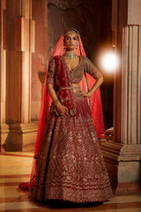 Jannat Khan In Blood Red Raw Silk Lehenga Choli and Belt with Tulle Dupatta with an Optional Lighter Second Dupatta