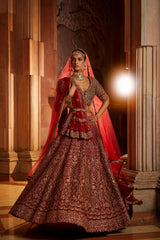 Jannat Khan In Blood Red Raw Silk Lehenga Choli and Belt with Tulle Dupatta with an Optional Lighter Second Dupatta
