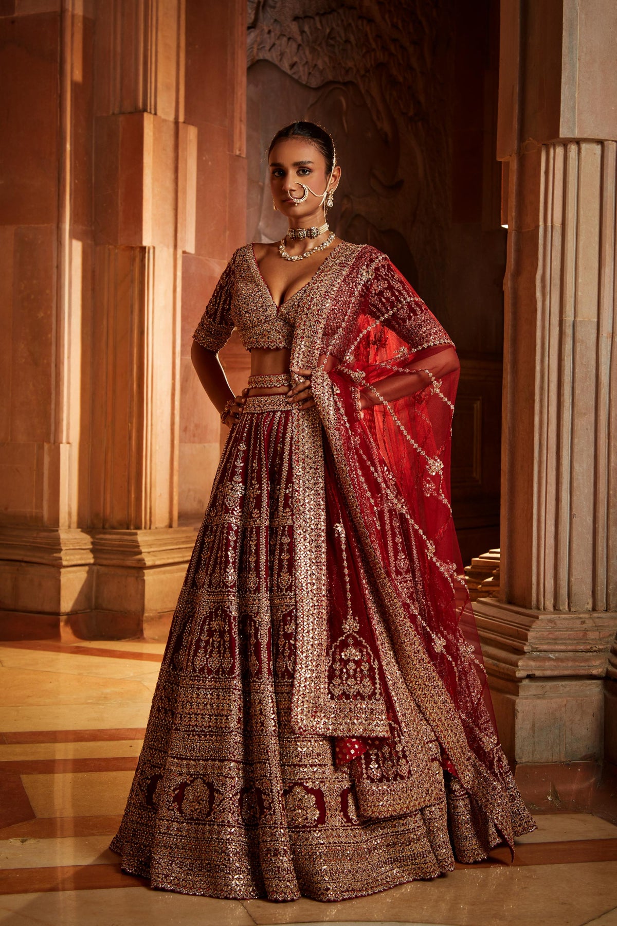 Maroon Raw Silk Lehenga Choli and Worked Belt with Tulle Dupatta