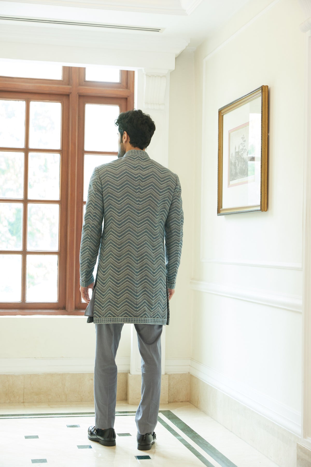 PEWTER GREY MATKA EMBROIDERED SHORT SHERWANI WITH KURTA AND TROUSER