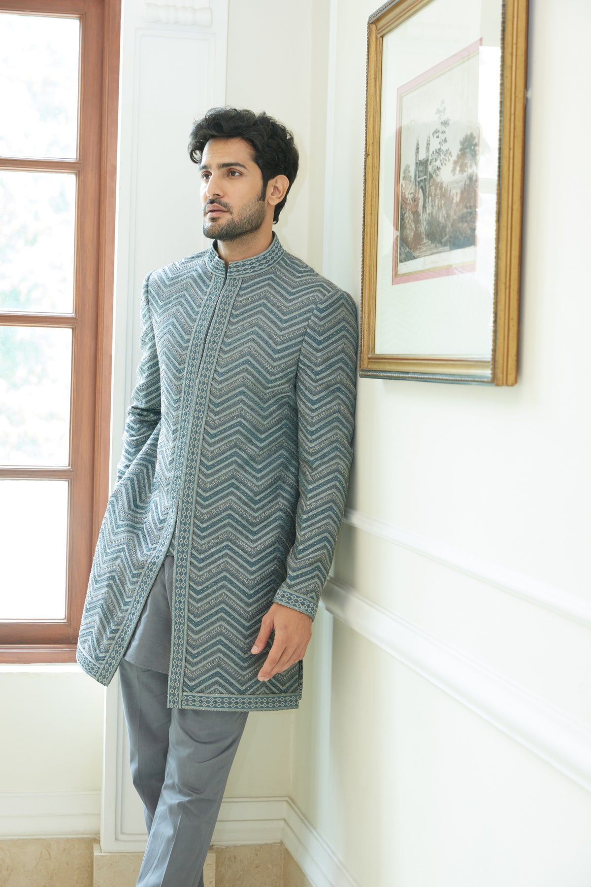 PEWTER GREY MATKA EMBROIDERED SHORT SHERWANI WITH KURTA AND TROUSER