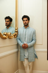 POWDER BLUE RAW SILK OPEN SHERWANI JACKET WITH KURTA AND TROUSER