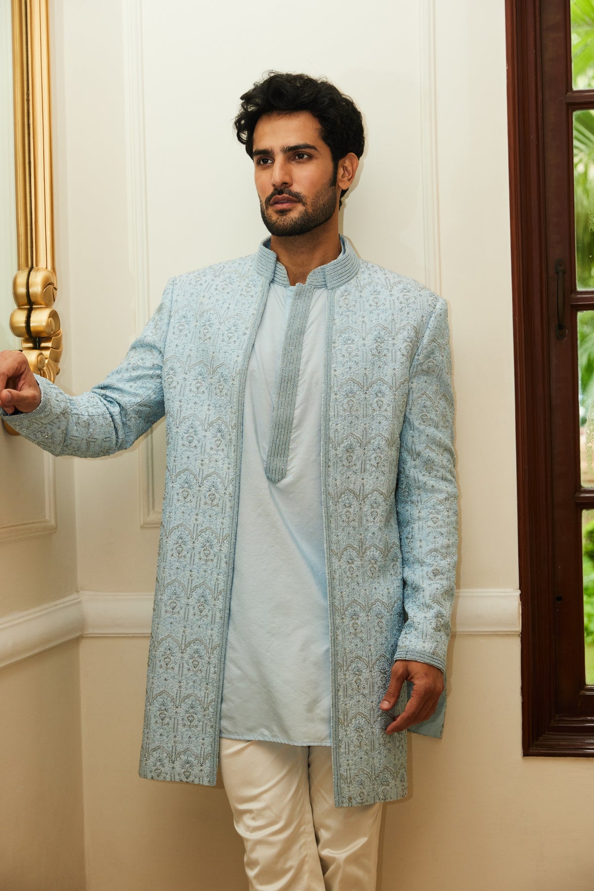 POWDER BLUE RAW SILK OPEN SHERWANI JACKET WITH KURTA AND TROUSER