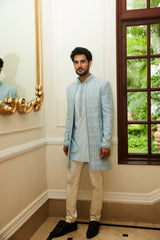 POWDER BLUE RAW SILK OPEN SHERWANI JACKET WITH KURTA AND TROUSER