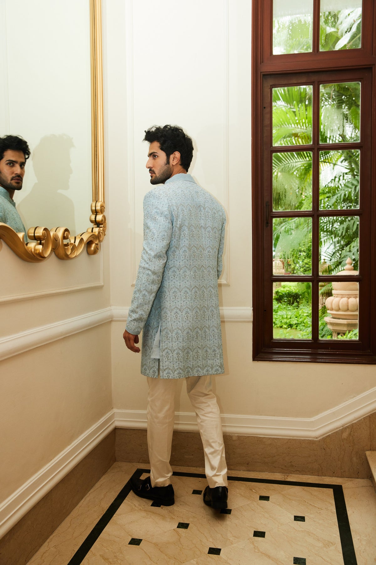 POWDER BLUE RAW SILK OPEN SHERWANI JACKET WITH KURTA AND TROUSER