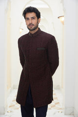 BURGUNDY RAW SILK EMBROIDERED SHORT SHERWANI WITH KURTA AND SALWAR