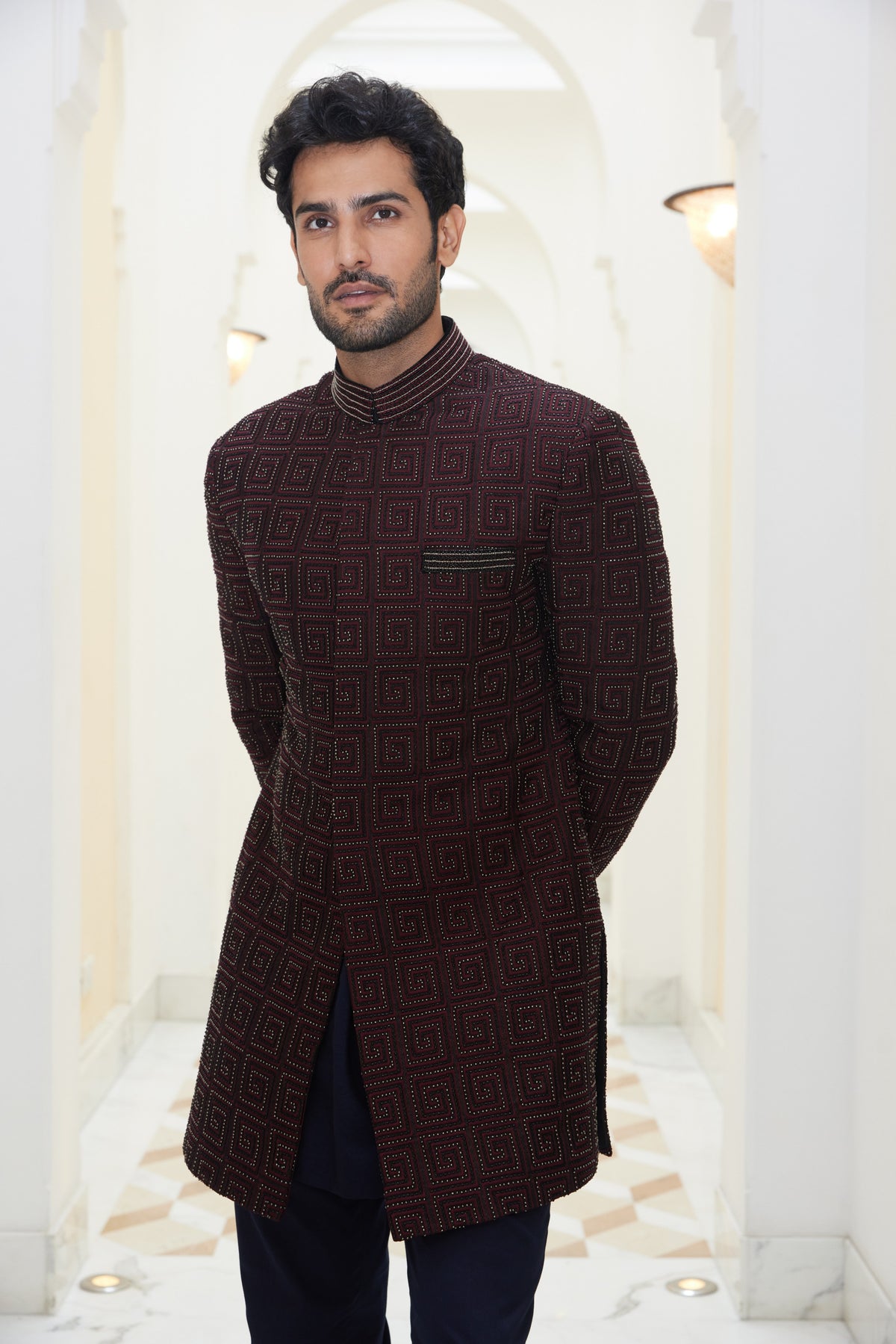 BURGUNDY RAW SILK EMBROIDERED SHORT SHERWANI WITH KURTA AND SALWAR